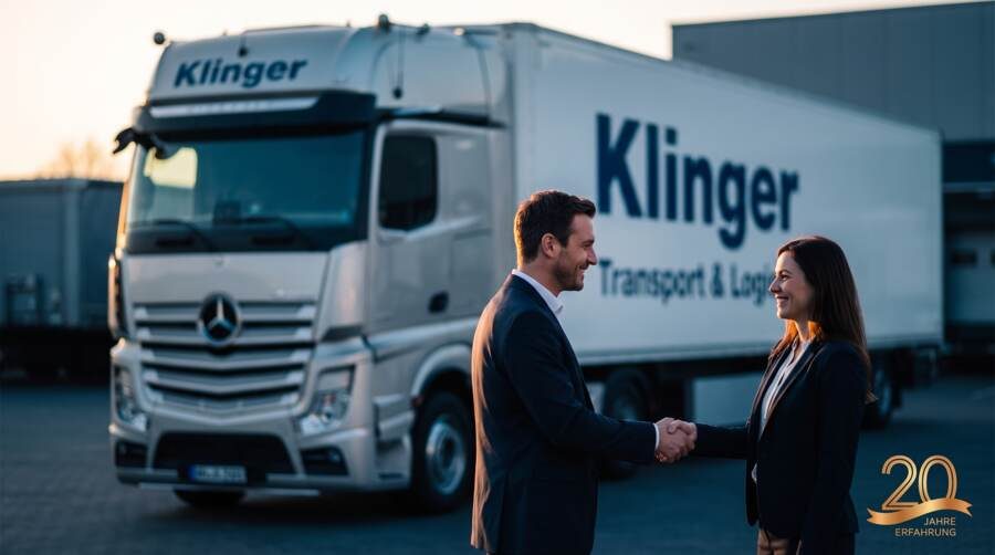 Handschlag zwischen Klinger Transport & Logistik und einem Geschäftspartner vor einem beschrifteten Firmen-Lkw, seit 20 Jahren Erfahrung